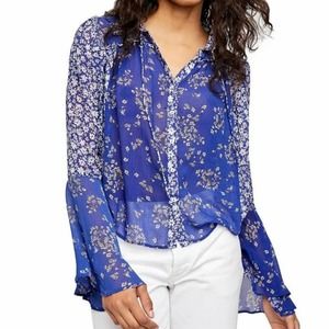 Free People Serena Printed Blouse Small Blue Boho Bell Sleeve Womens Shirt